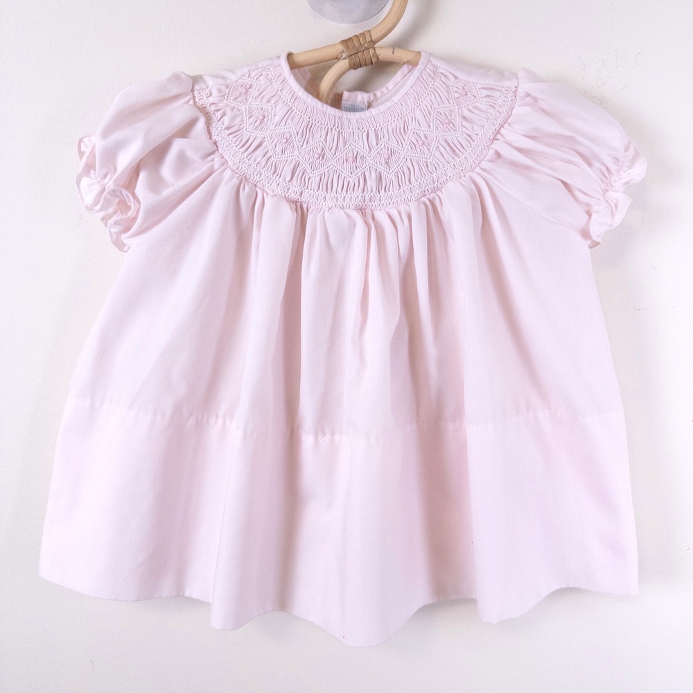 Vintage 90s Pastels Smocked Dress Kids 6M Pink‎ Embroidered Puff Sleeve